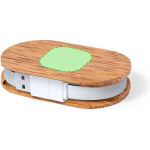 A wooden USB hub in natural tones with a white band, featuring a green accent. It has a logo on its surface.