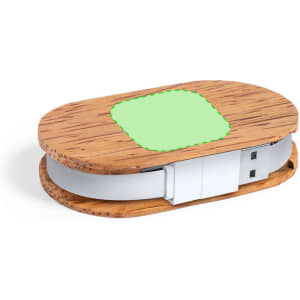 A wooden USB hub with a light green section on top and a white connector, featuring a logo.