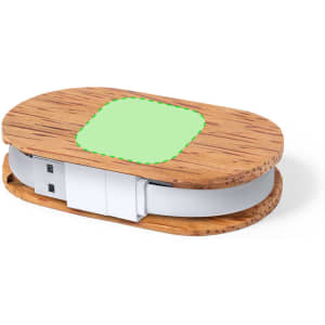 A wooden and white USB hub with a green rectangular area for branding, featuring a compact oval design.