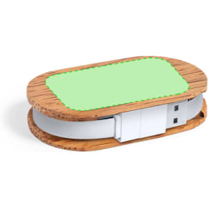 A USB hub with a wooden outer casing and a green inset, featuring a white USB connector.
