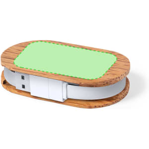 A brown and green USB hub with a wooden body and a white base, featuring a simple, elegant design and branding.