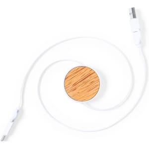 A charging cable with a round wooden-themed connector and a white cord, featuring a logo.