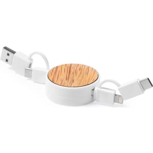A round charging cable with a wooden top, featuring USB, Lightning, and USB-C connectors, in white and wood tones.