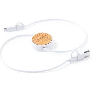 A charging cable with a circular wooden design and white wires, featuring two different USB connectors.