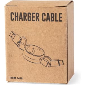 A charging cable packaged in a brown box with an illustration of the product and a logo.