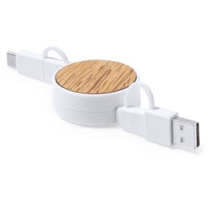 A Rizzo charging cable with a retractable design, featuring a bamboo top and white connectors.