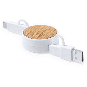 A circular charging cable with a bamboo-look top and white connectors, featuring a compact, retractable design.