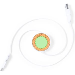 A charging cable with a circular, wooden design and a white cord. It features a green accent and has branding.