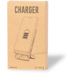 A wireless charger in a cardboard box, featuring a minimalist design and an illustration of a phone with a battery indicator.