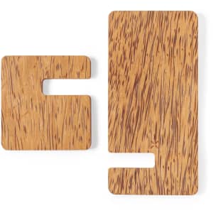 A wooden wireless charger in light brown with a textured finish, featuring two pieces with cut-out sections.