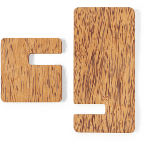 A wireless charger with a wooden finish, featuring a sleek, modern design and a branding logo.