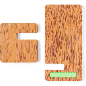 A wireless charger in a wood grain finish, featuring a rectangular and a smaller square component.