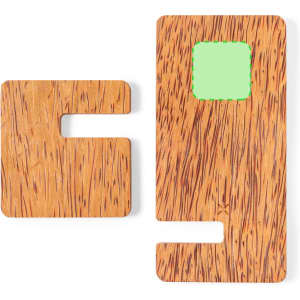A wooden wireless charger in a rich brown hue with a square and rectangular design, featuring a logo.