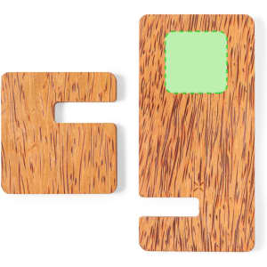 A wireless charger in a textured brown wood design, featuring two interlocking pieces. Includes a logo.