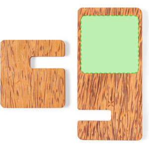 A wireless charger featuring a wood-like design, with a green charging area and a cut-out section.