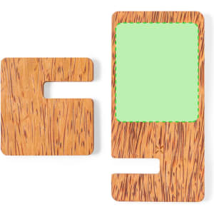 A wooden wireless charger in a natural finish with a green charging area and a matching smaller piece.