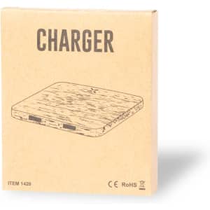 A wireless charger in a cardboard box with a wood-like design, featuring connectors and a logo.