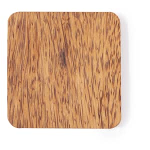 A square wooden wireless charger with a natural wood grain finish and rounded edges.
