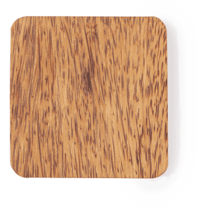 A wireless charger with a square wooden surface featuring a light brown, textured finish. It has a subtle branding logo.