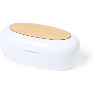 A white earphone case with a bamboo lid, designed for storing Kermit Earphones, featuring a sleek, modern design.