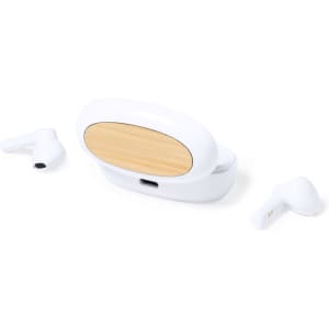 White Kermit earphones with a bamboo panel charging case, featuring a logo on the case.