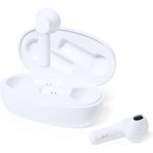 White wireless earphones are displayed in an oval charging case, featuring a simple design and a small logo on the case.