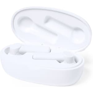 White earphones inside a compact charging case, featuring a smooth, rounded design. The case has a logo on it.