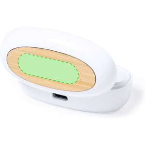 A white earphone case with a bamboo panel on top, partially open, revealing the interior.