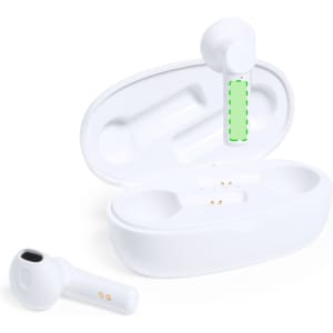 White Kermit Earphones displayed in a charging case, with one earbud outside and featuring a branding logo.