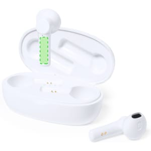 A pair of white earphones in a matching charging case with an open lid, revealing compartments for each earbud.
