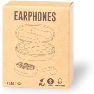 A light brown box featuring Kermit-themed earphones, with a design illustration of the earbuds inside.