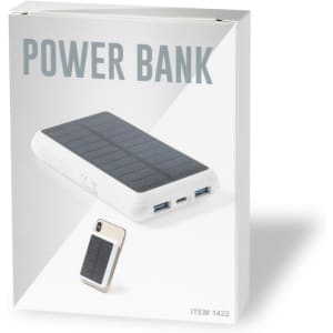 A power bank in a white and black design, displayed in a box, featuring multiple USB ports and a logo.