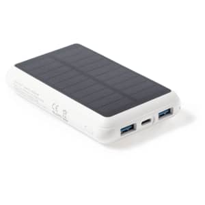 A white power bank with a solar panel design and two USB ports on the side features a small logo.
