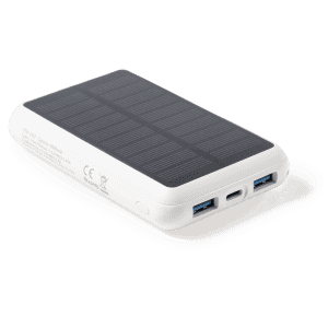 A white power bank with a solar panel on top, featuring two USB ports on the side.