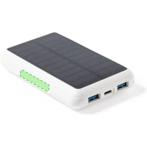 A power bank in white with a textured black solar panel top and dual USB ports on the side.