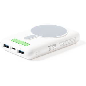 A white power bank with USB ports and a circular surface for wireless charging, featuring a small logo.