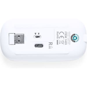 A white mouse with a USB connector and a smooth underside, featuring a small logo and other details.