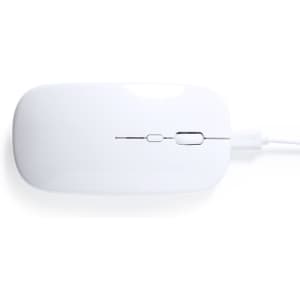 A white computer mouse with a smooth surface, featuring a central button and a connection cable.