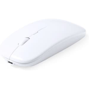 A sleek white computer mouse with a smooth finish and a USB charging port. It features a minimalist design and a scroll wheel.