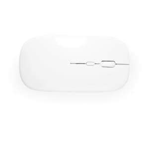 A sleek white mouse with a minimalist design, featuring a silver button and a subtle logo.