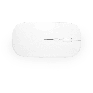 A white mouse with a sleek design and a button, featuring a logo on the surface.