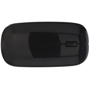 A black wireless mouse with a smooth surface and a simple design, featuring a scroll wheel and a logo.