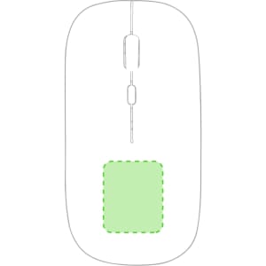 A white computer mouse with a green highlighted section, featuring a logo on its surface.
