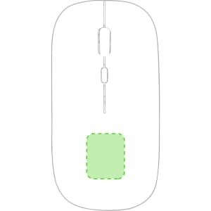 A green computer mouse with a simple design and a logo, featuring a scroll wheel and two buttons.