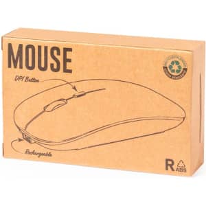 A brown cardboard box containing a wireless mouse, featuring a DPI button and recycling logo.