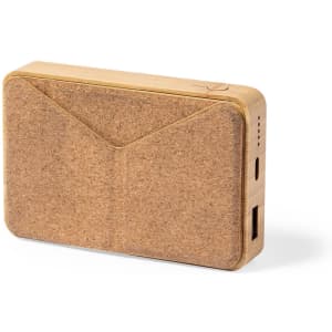 A brown, cork-textured power bank with an angled design and a small logo on one side.