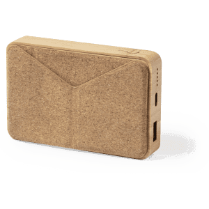 A light brown power bank with a cork finish, featuring ports and a logo on one side.