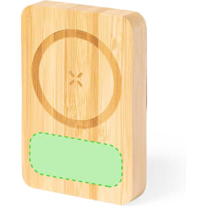 A bamboo power bank with a circular design and a blank green area for customisation. It features a logo.