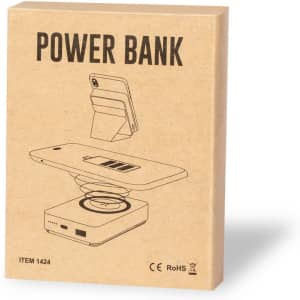 A power bank packaging in brown cardboard featuring an illustration of the device and its wireless charging capability.