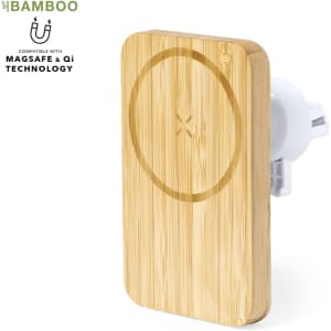 A bamboo wireless charger holder with a circular design, featuring a logo on the side.